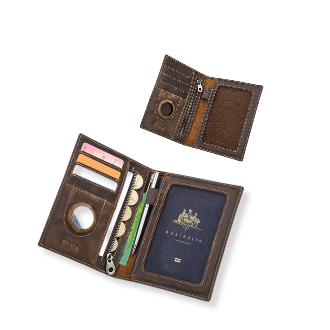 Genuine Leather AirTag Passport Wallet