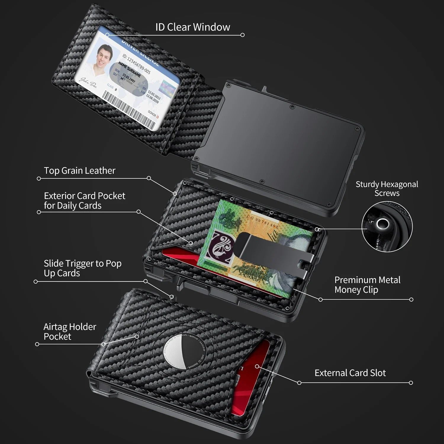 Luxe AirTag Wallet With RFID Blocking - Carbon Fiber (AirTag Not Included)