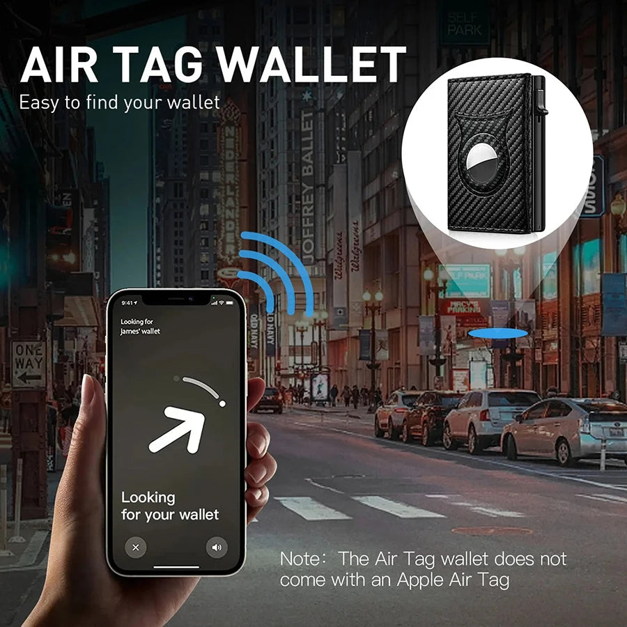 Men's Carbon Fiber Magnetic Card Clip Leather RFID Triple Fold Card with Zipper Wallet Pop Up Smart AirTag Wallet Trax4u