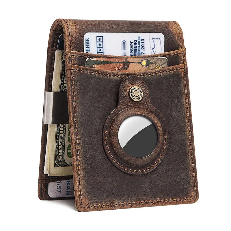 YKOSM Retro Luxury Genuine Leather Airtags Wallet RFID Blocking ID Credit Card Bag Business Men Cash Clip Anti-lost Card Holder Trax4u