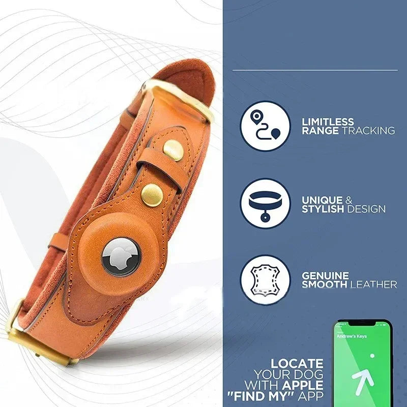 Airtag Holder Case Pet Dog Collar Leather Solid and Anti Loss Genuine Leather Airtag Heavy Duty Dog Collar Trax4u