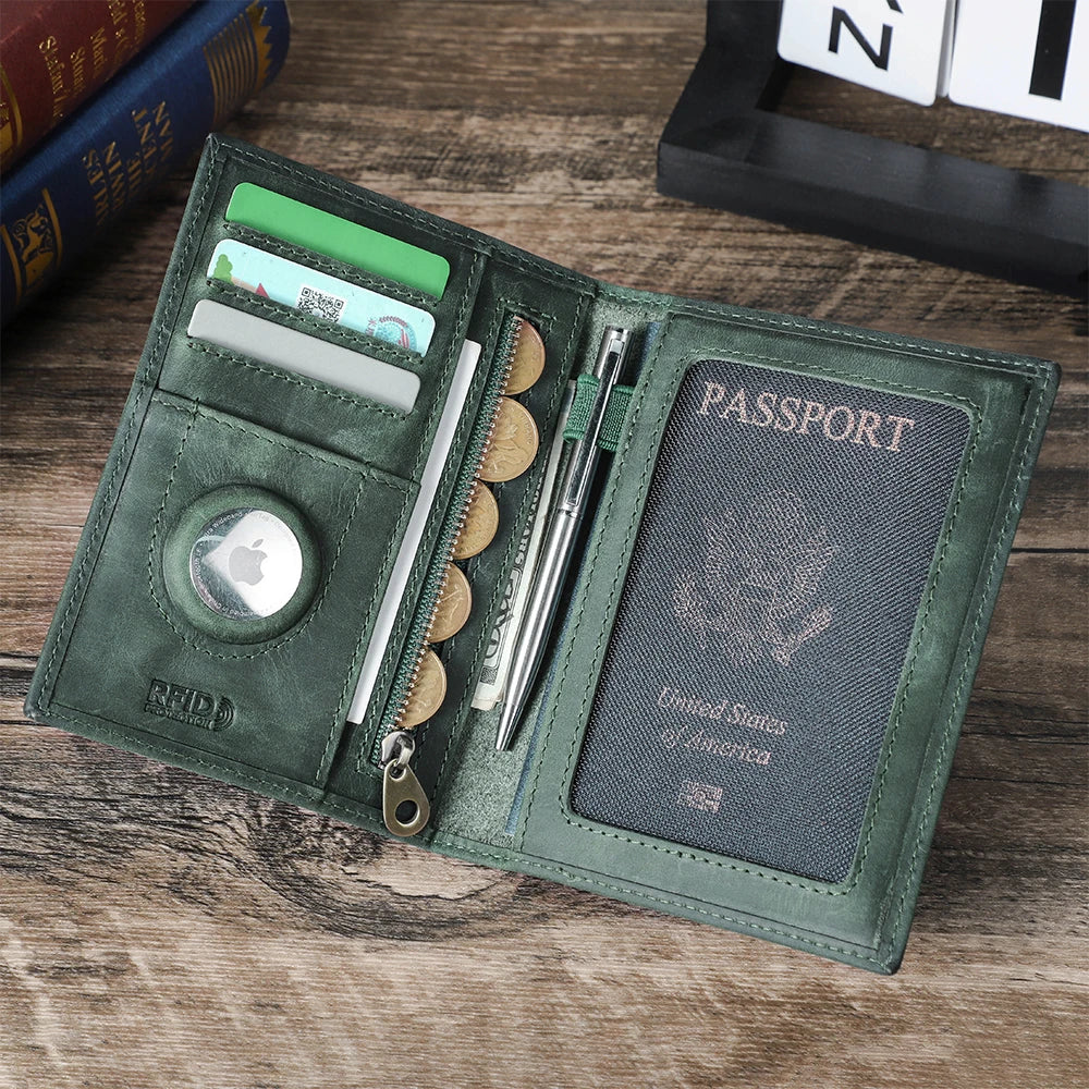 Genuine Cow Leather Passport Holder Travel Wallet with Airtag Case Anti-lost Pocket Pen Card Holder RFID Blocking Passport Cover Trax4u