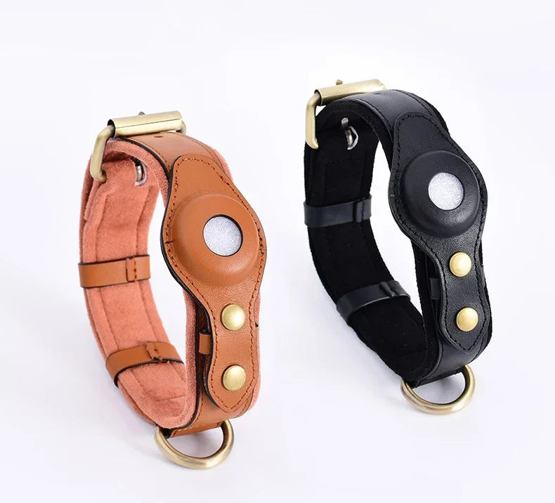 Airtag Holder Case Pet Dog Collar Leather Solid and Anti Loss Genuine Leather Airtag Heavy Duty Dog Collar Trax4u