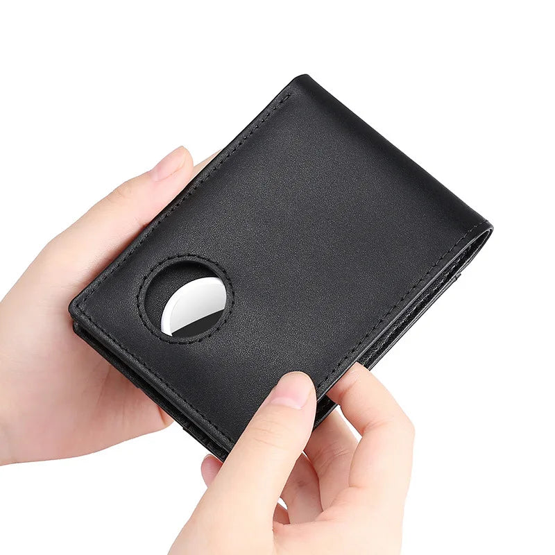 Airtag Business Genuine Cow Leather Men Bifold Thin Wallet RFID Blocking Credit Bank Card Holder with ID Window Male Purse Black Trax4u