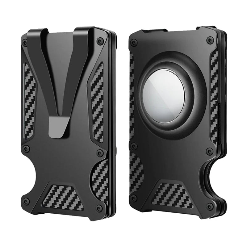 Men's wallet, metal wallet with Airtag bracket (no Airtag), transparent window ID badge clip, carbon fiber RFID shield, can hold Trax4u
