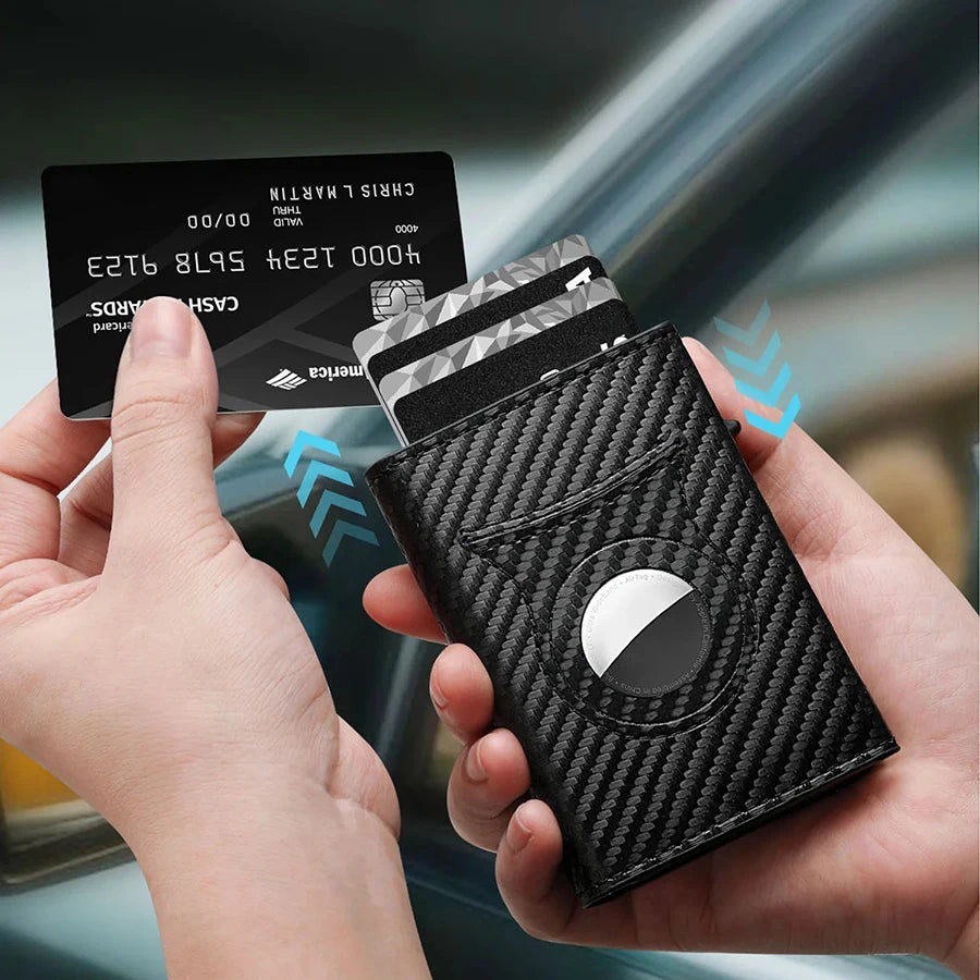 Men's Carbon Fiber Magnetic Card Clip Leather RFID Triple Fold Card with Zipper Wallet Pop Up Smart AirTag Wallet Trax4u