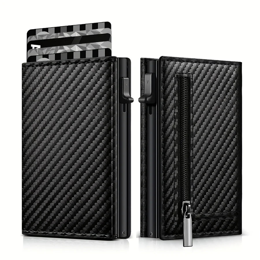 Men's Carbon Fiber Magnetic Card Clip Leather RFID Triple Fold Card with Zipper Wallet Pop Up Smart AirTag Wallet Trax4u