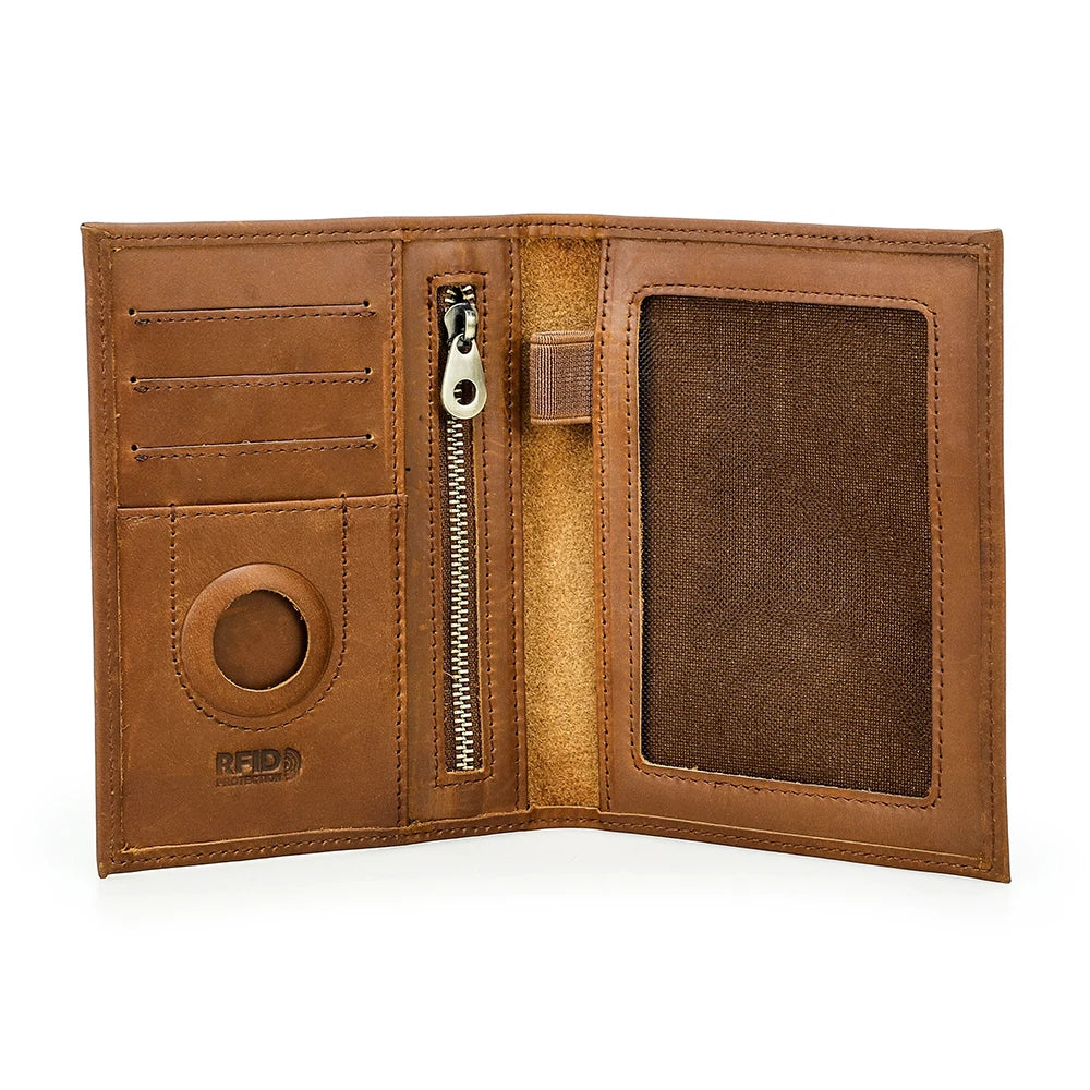 Genuine Cow Leather Passport Holder Travel Wallet with Airtag Case Anti-lost Pocket Pen Card Holder RFID Blocking Passport Cover Trax4u