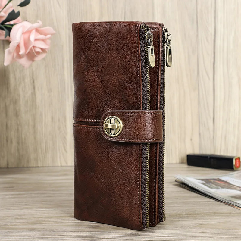 Contact'S Long Wallet Women Genuine Leather Female Clutch Wallets Zipper Phone Pocket Purse Money Bag with AirTag Slot Trax4u