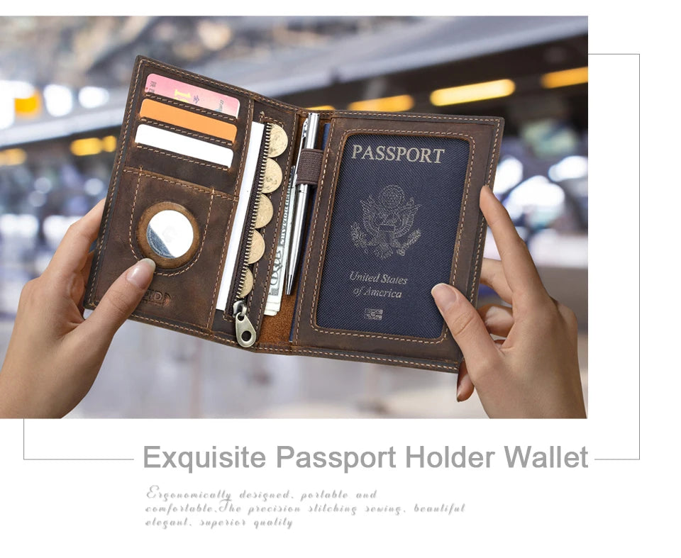 Genuine Cow Leather Passport Holder Travel Wallet with Airtag Case Anti-lost Pocket Pen Card Holder RFID Blocking Passport Cover Trax4u