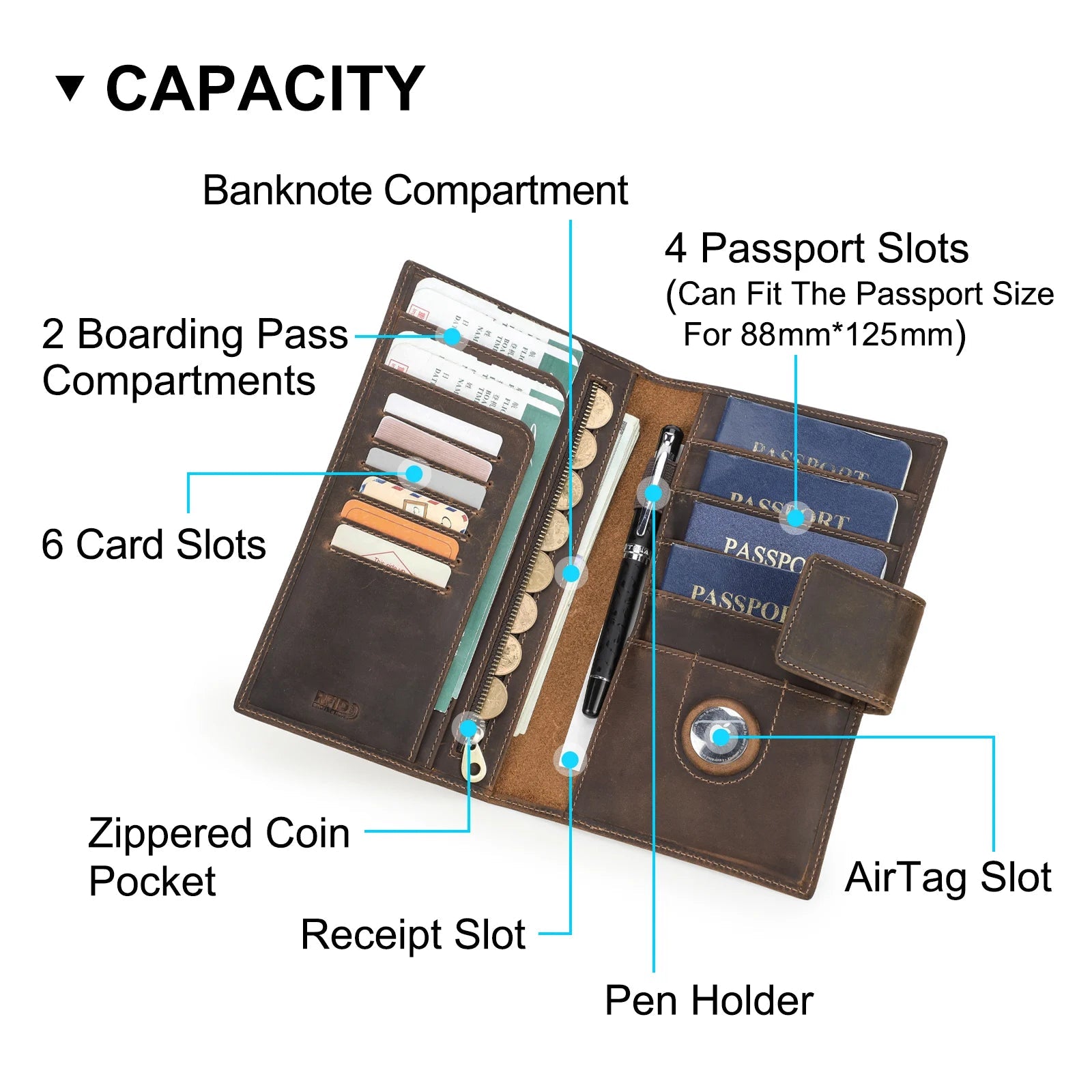 CONTACT'S Genuine Leather Family Passport Clutch Wallets RFID Card Holder AirTag Slot Passport Cover Families Travel Bag Handbag Trax4u