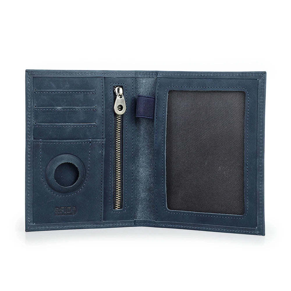 Genuine Cow Leather Passport Holder Travel Wallet with Airtag Case Anti-lost Pocket Pen Card Holder RFID Blocking Passport Cover Trax4u