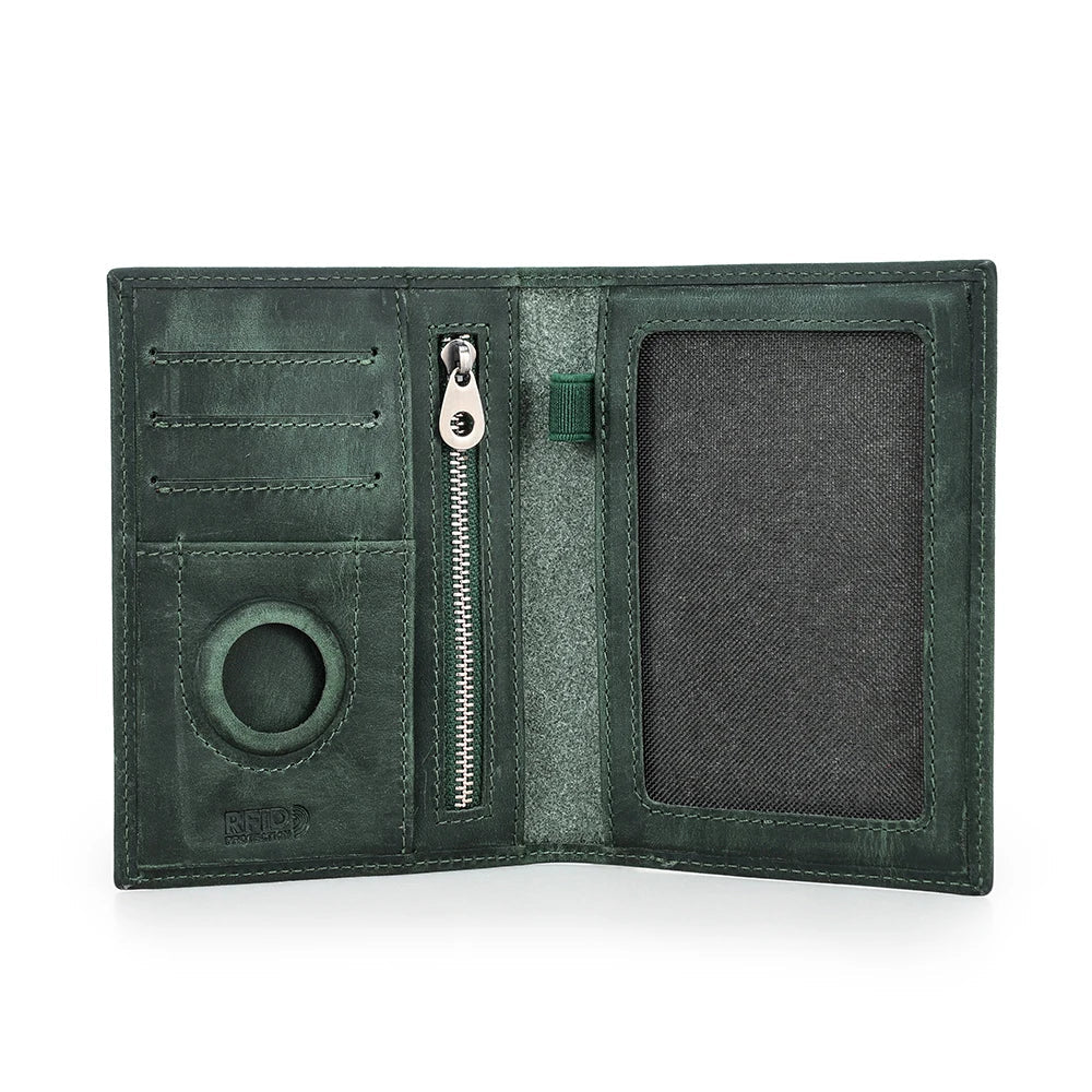 Genuine Cow Leather Passport Holder Travel Wallet with Airtag Case Anti-lost Pocket Pen Card Holder RFID Blocking Passport Cover Trax4u
