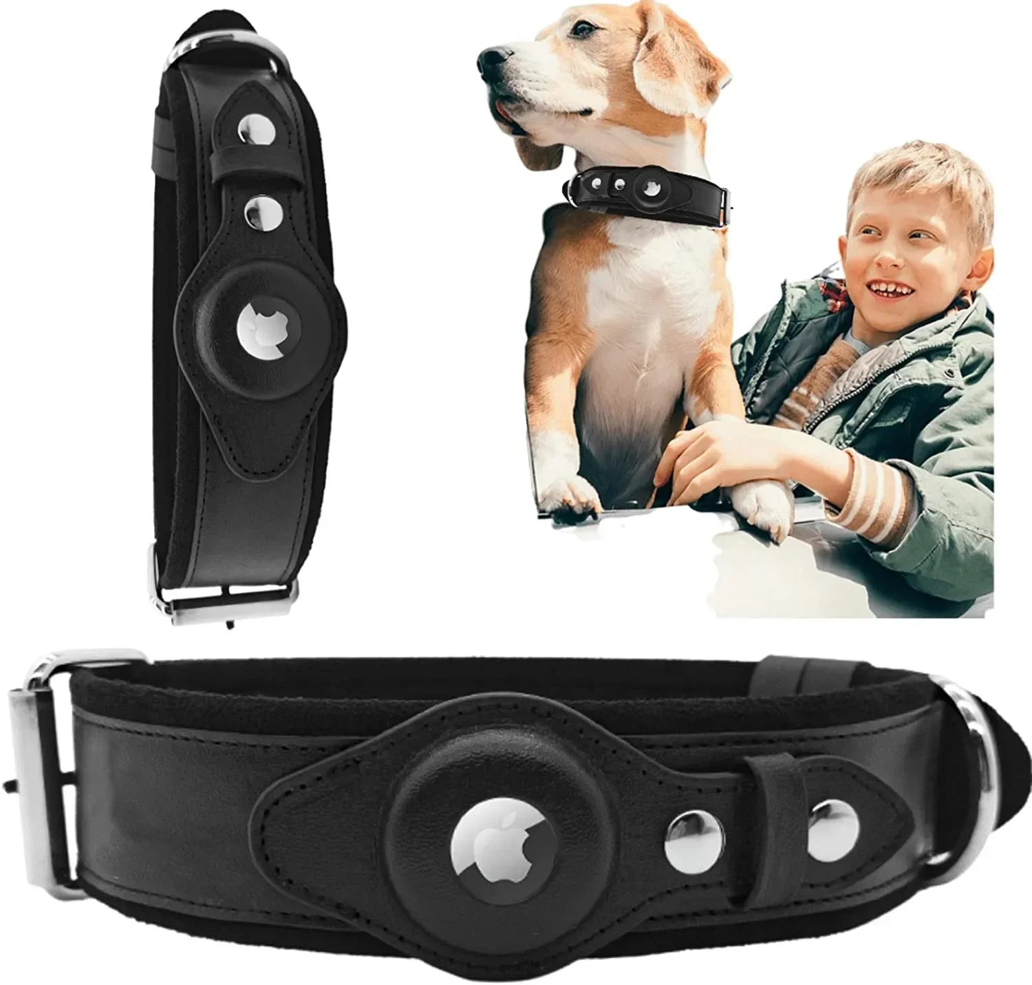 Airtag Holder Case Pet Dog Collar Leather Solid and Anti Loss Genuine Leather Airtag Heavy Duty Dog Collar Trax4u