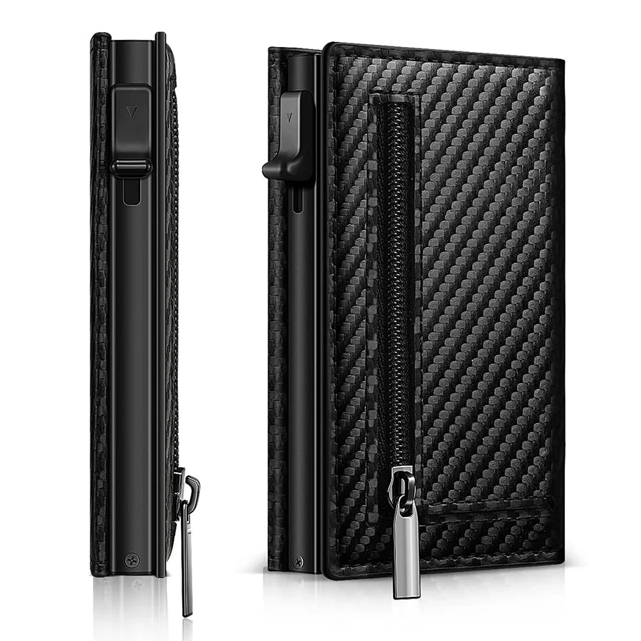 Men's Carbon Fiber Magnetic Card Clip Leather RFID Triple Fold Card with Zipper Wallet Pop Up Smart AirTag Wallet Trax4u
