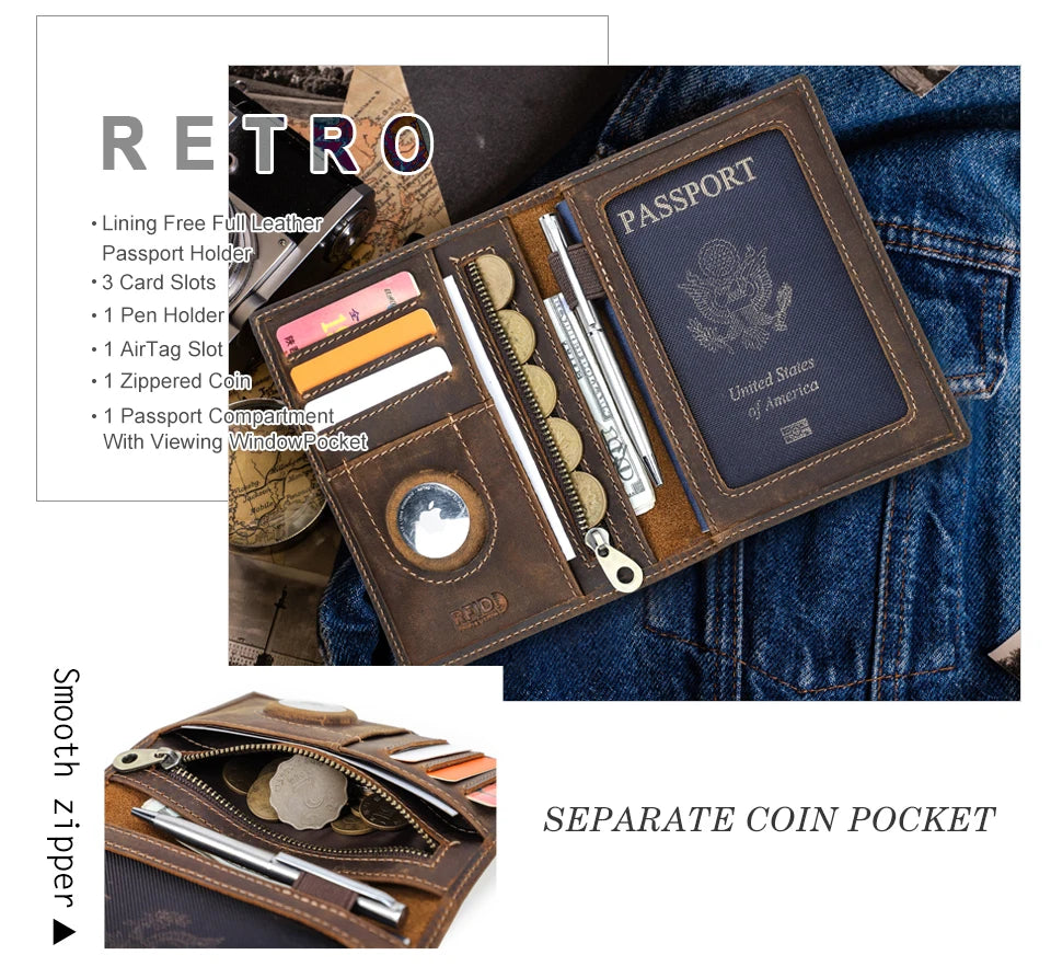 Genuine Cow Leather Passport Holder Travel Wallet with Airtag Case Anti-lost Pocket Pen Card Holder RFID Blocking Passport Cover Trax4u