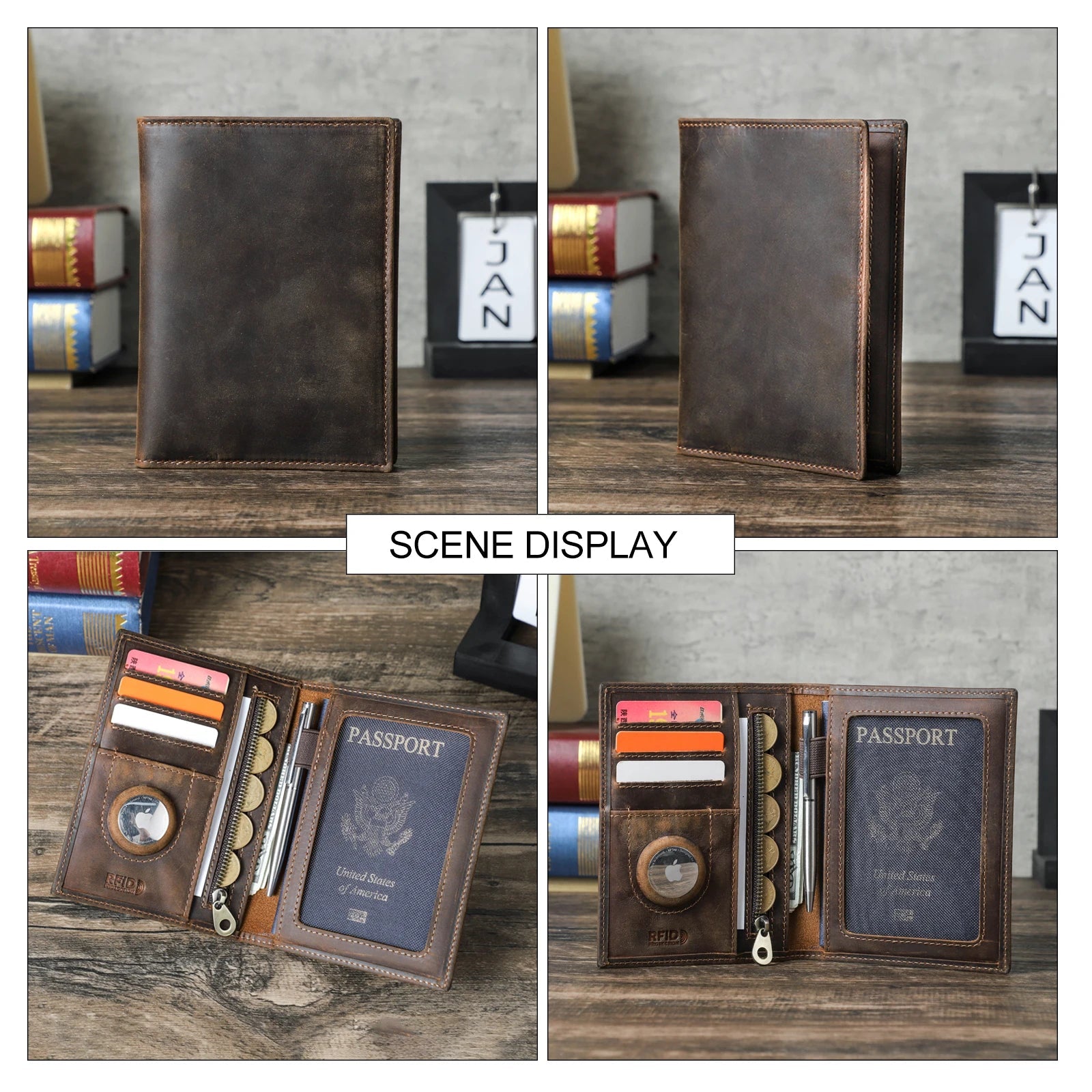 Genuine Cow Leather Passport Holder Travel Wallet with Airtag Case Anti-lost Pocket Pen Card Holder RFID Blocking Passport Cover Trax4u