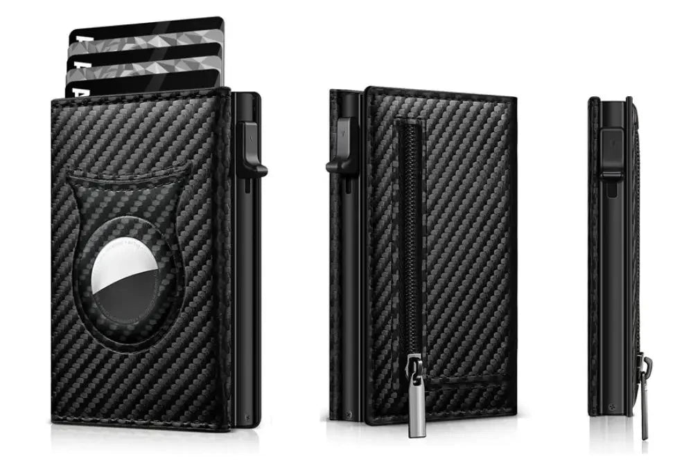 Men's Carbon Fiber Magnetic Card Clip Leather RFID Triple Fold Card with Zipper Wallet Pop Up Smart AirTag Wallet Trax4u