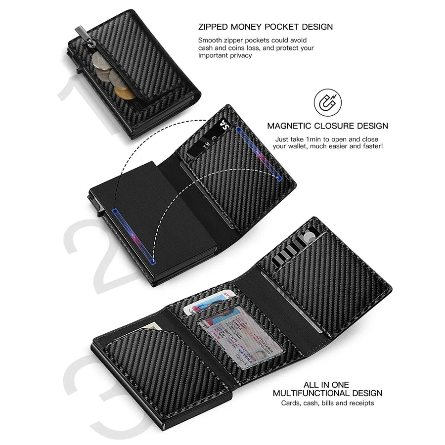 Men's Carbon Fiber Magnetic Card Clip Leather RFID Triple Fold Card with Zipper Wallet Pop Up Smart AirTag Wallet Trax4u