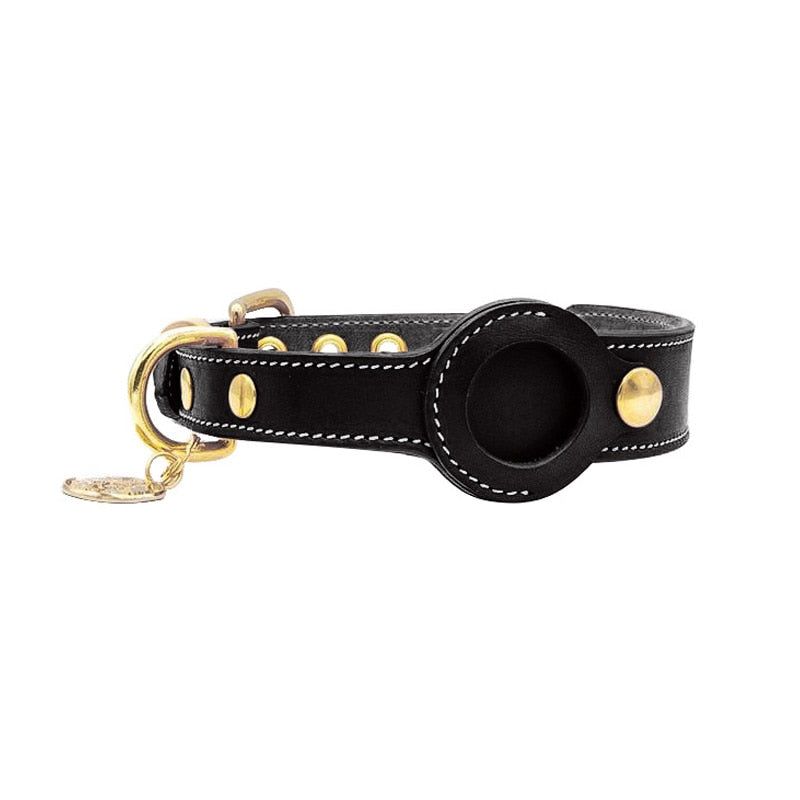 Black leather AirTag dog collar with durable buckle and pet tracking holder