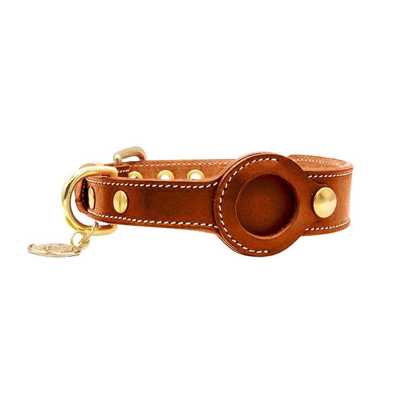 Brown leather AirTag dog collar with adjustable strap and secure tracker holder