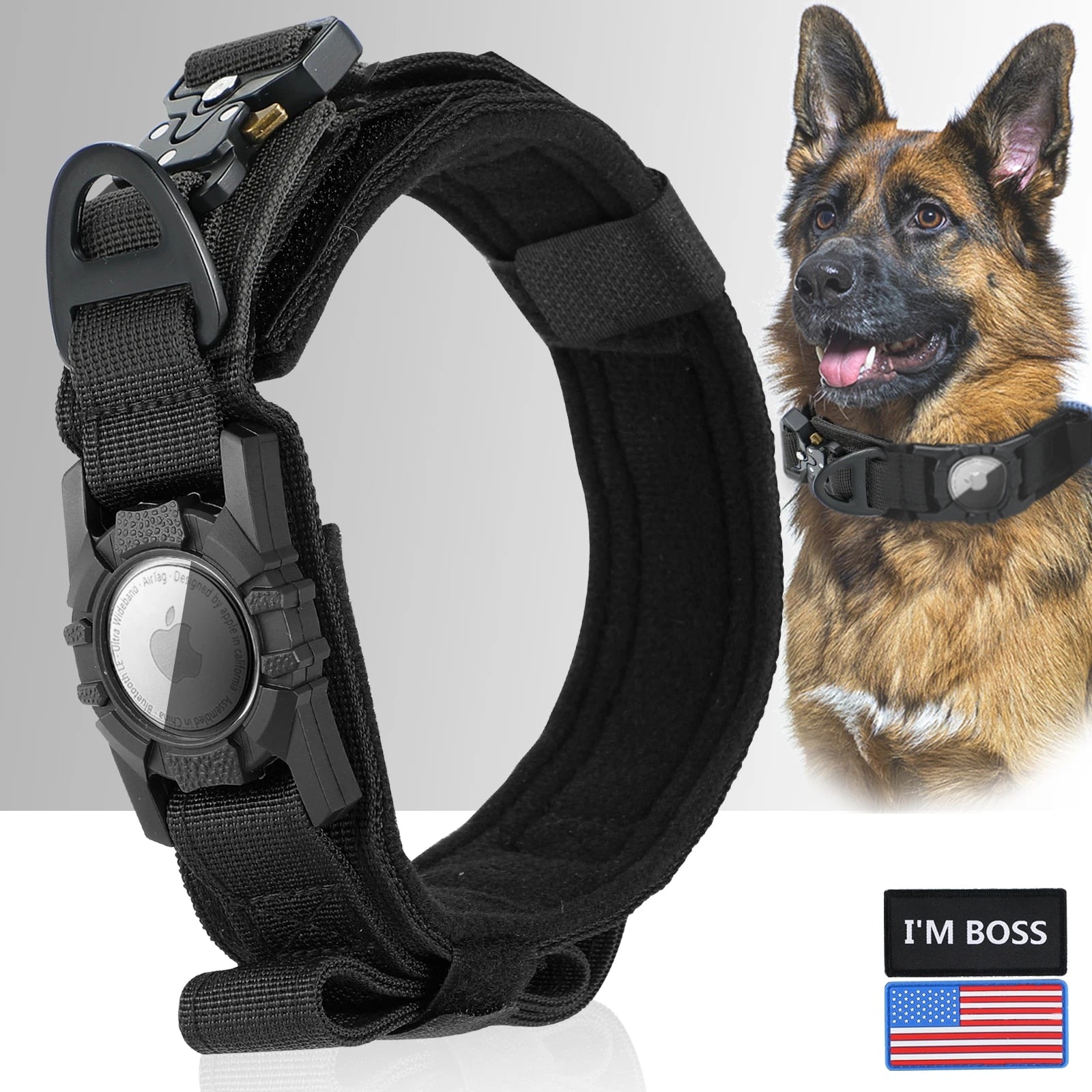 German Shepherd Wearing Tactical AirTag Dog Collar