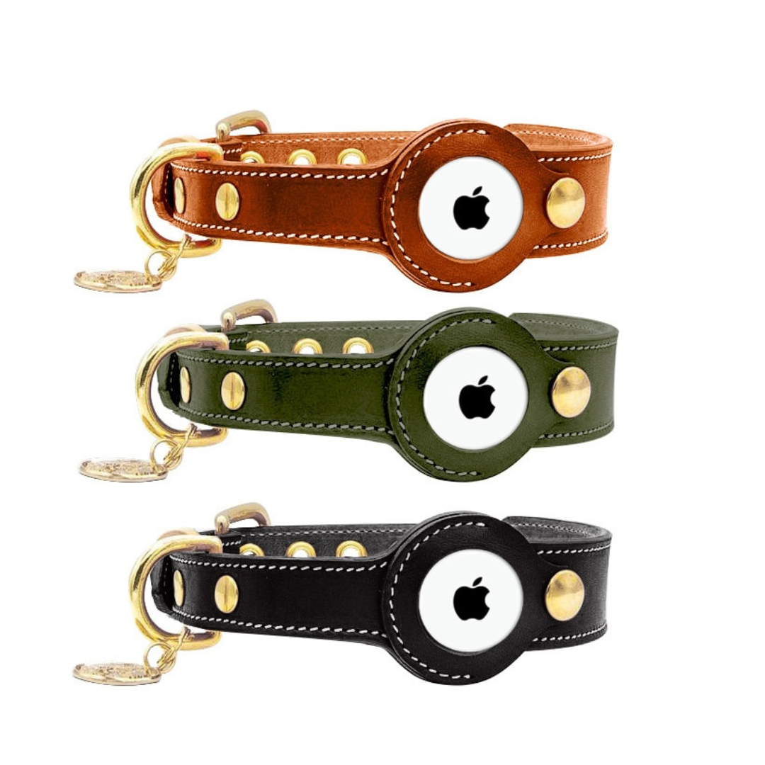 Leather AirTag dog collar available in multiple colours including brown, green and black