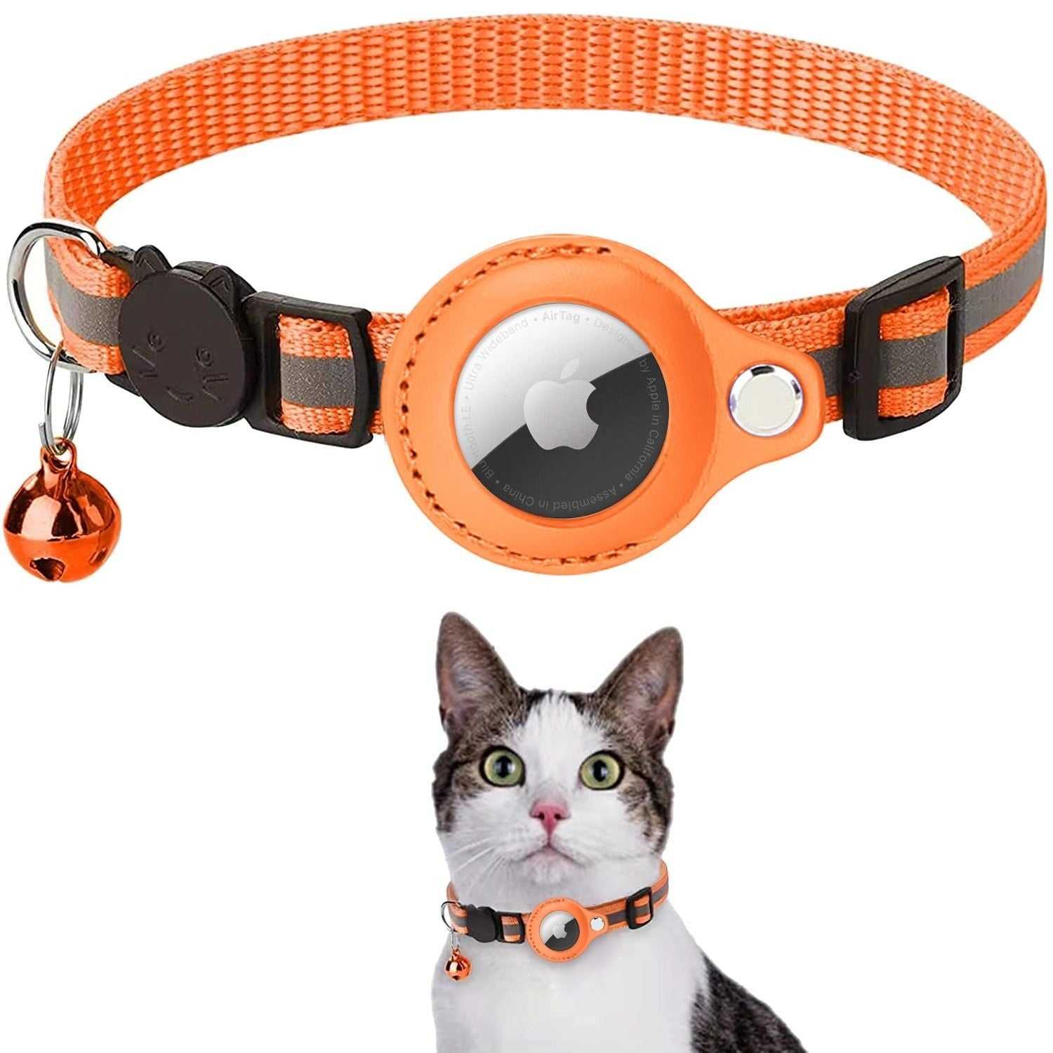 Orange lightweight AirTag cat collar for indoor and outdoor cats