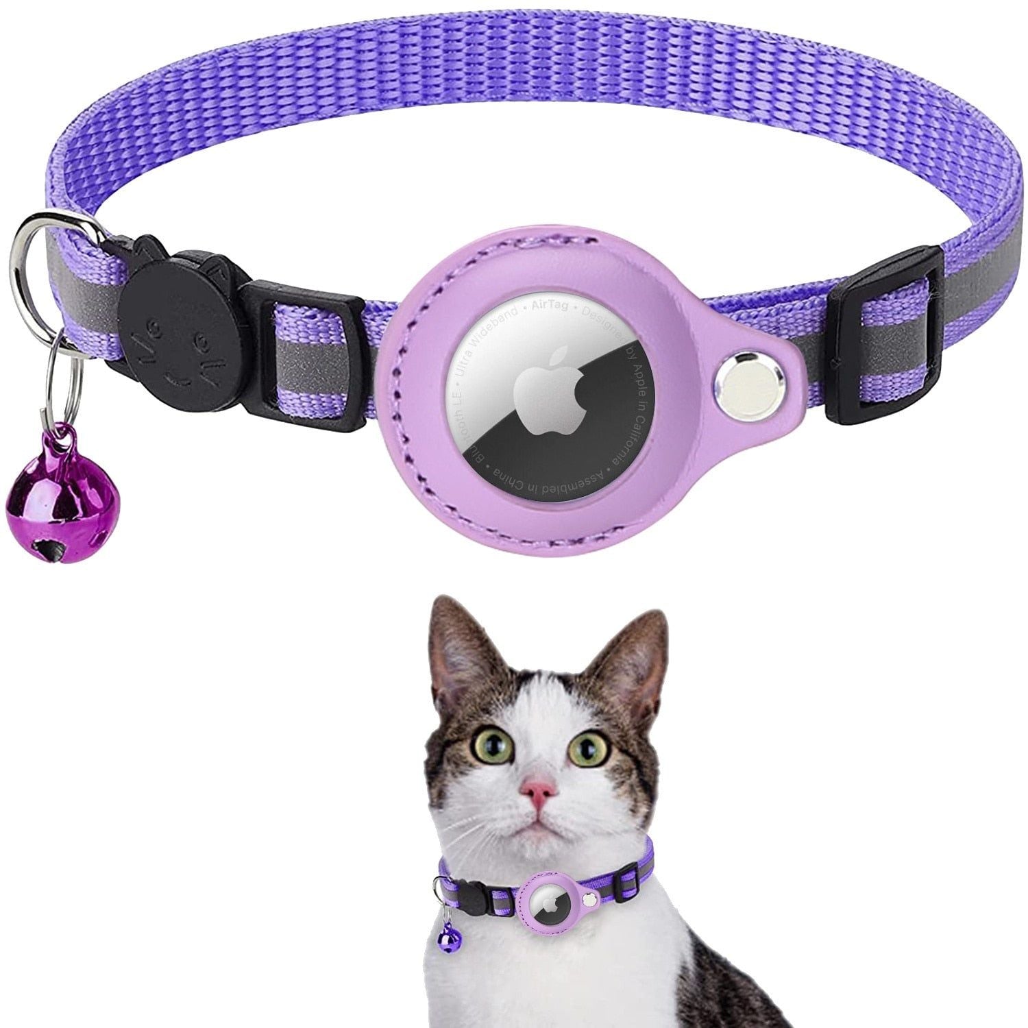 Purple reflective AirTag cat collar for cats